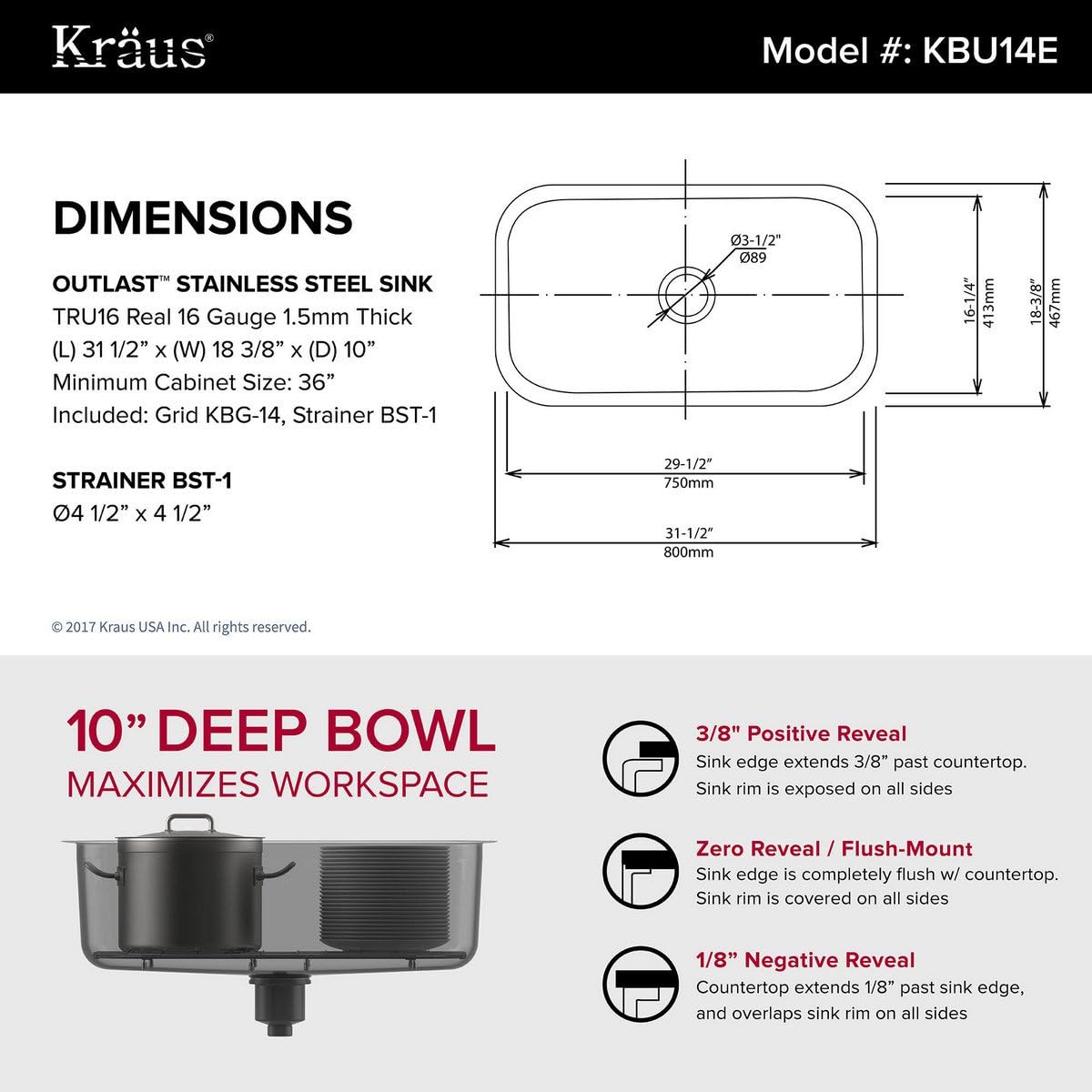 KRAUS Outlast MicroShield Scratch-Resist Stainless Steel Undermount Single Bowl Sink, 31.5