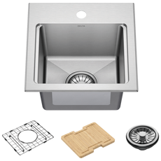 Delta Emery 15” Workstation Kitchen Bar Sink Drop-In Undermount Single Bowl with WorkFlow Ledge and Accessories