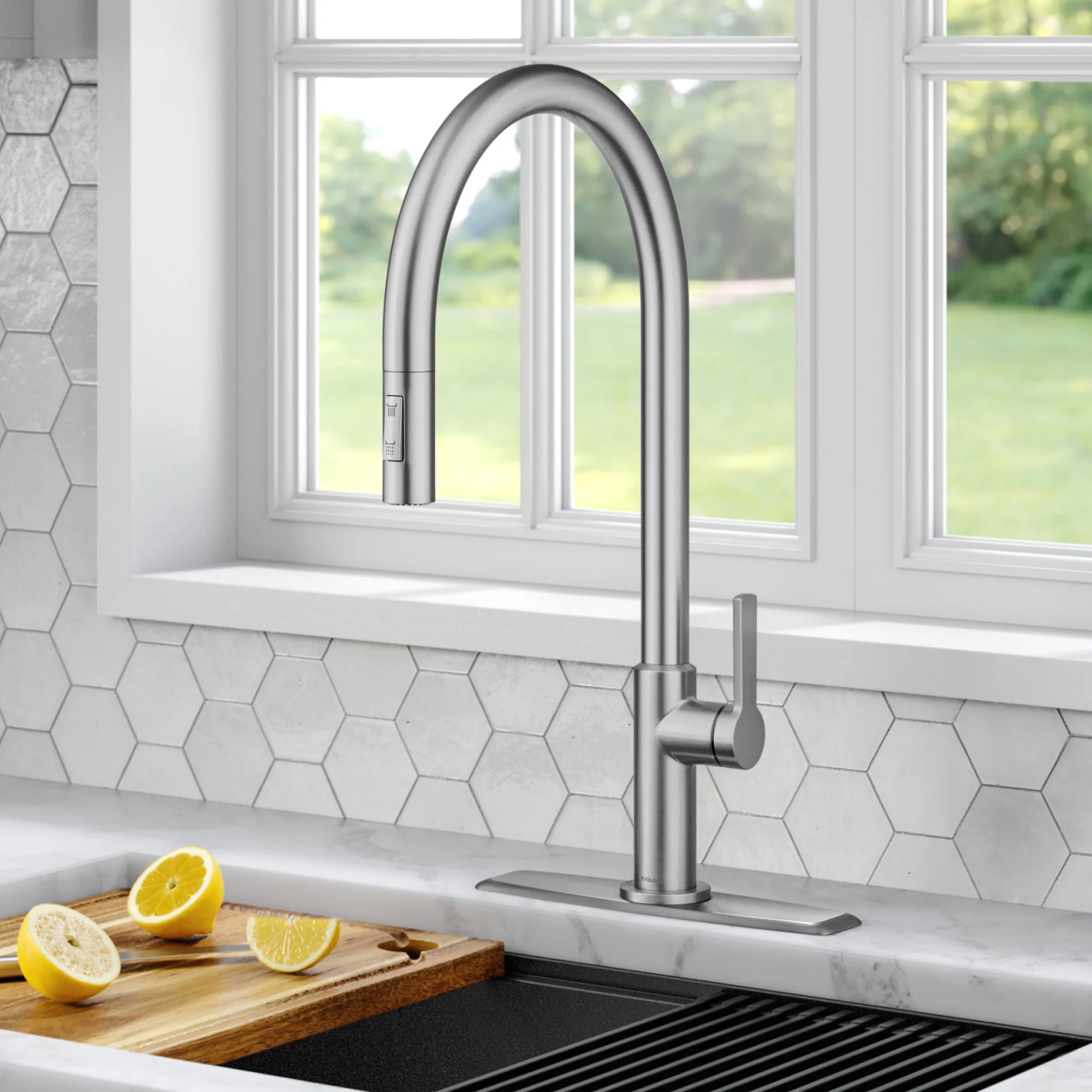 KRAUS Oletto High-Arc Single Handle Pull-Down Kitchen Faucet with Deck Plate