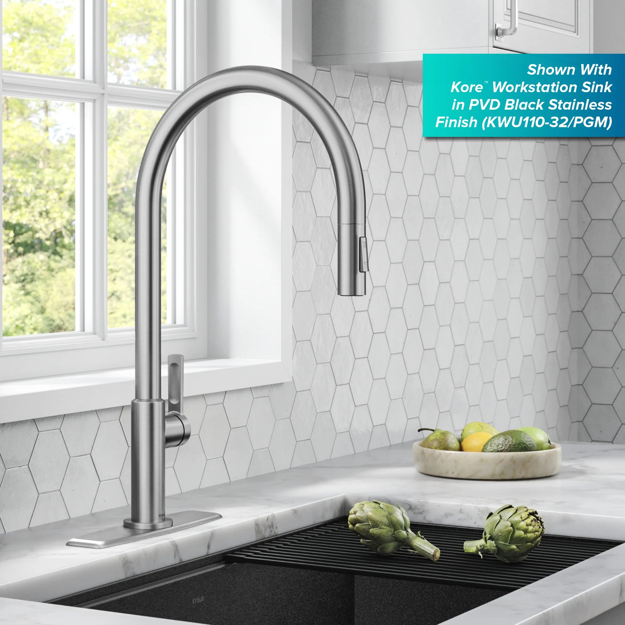 KRAUS Oletto High-Arc Single Handle Pull-Down Kitchen Faucet with Deck Plate